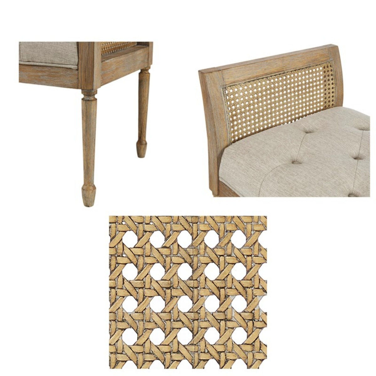 Natural accent bench with arm, caned back and tufted beige upholstery HouseOfZazla on Tampa Home & Garden Store