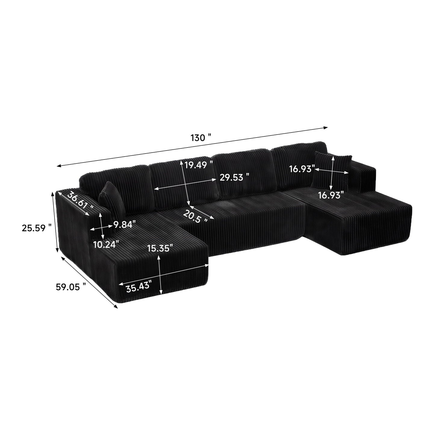 U-Shape Modular Sectional Sofa by HouseOfZazla, black ribbed fabric, stationary sectional on Tampa Home & Garden Store