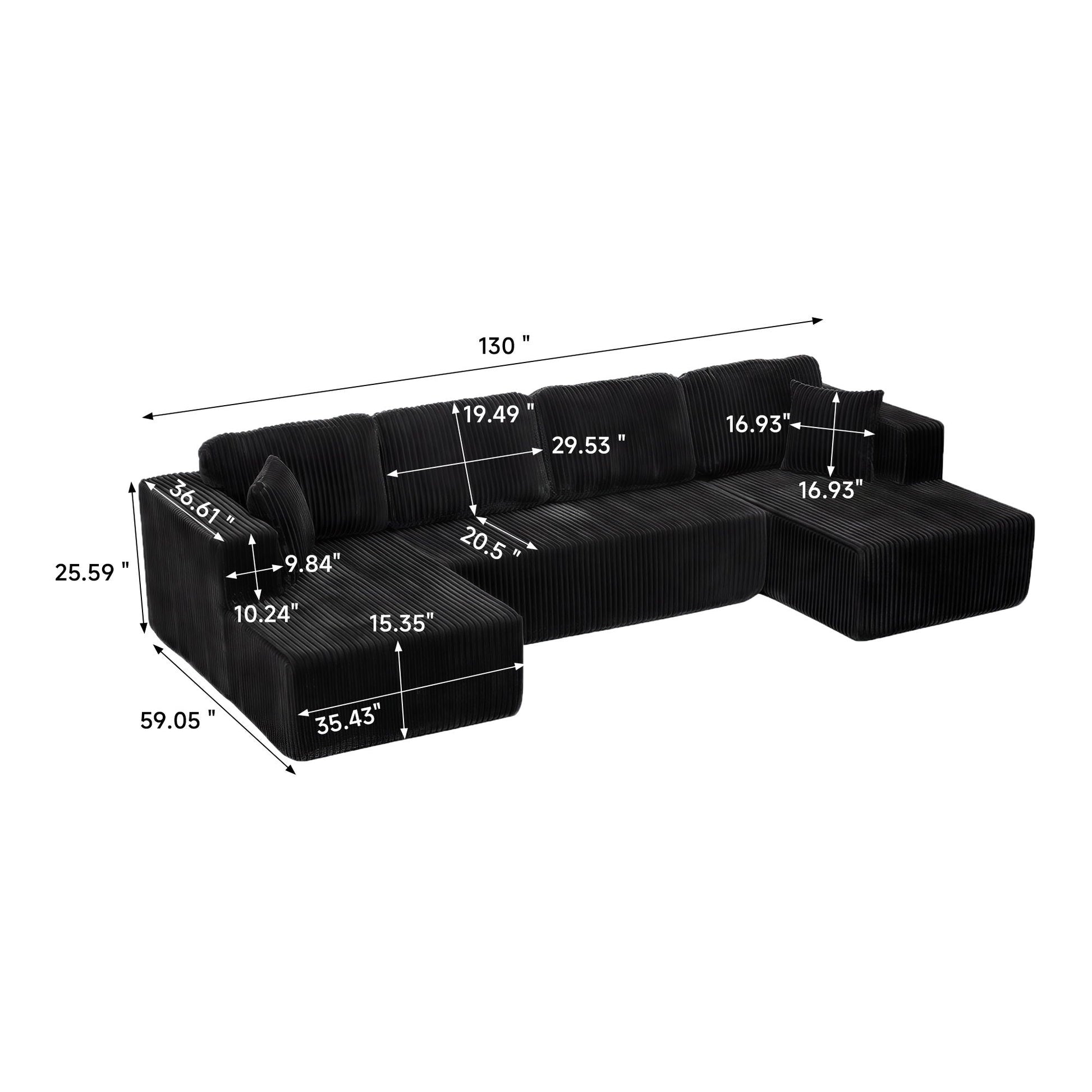 U-Shape Modular Sectional Sofa by HouseOfZazla, black ribbed fabric, stationary sectional on Tampa Home & Garden Store