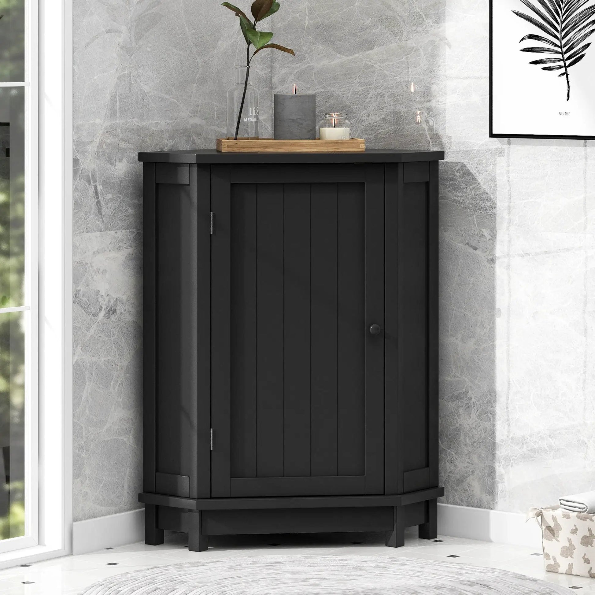 Triangle corner bathroom cabinet with adjustable shelf in black finish and wooden top tray on Tampa Home & Garden Store