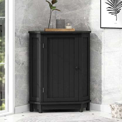Triangle corner bathroom cabinet with adjustable shelf in black finish and wooden top tray on Tampa Home & Garden Store