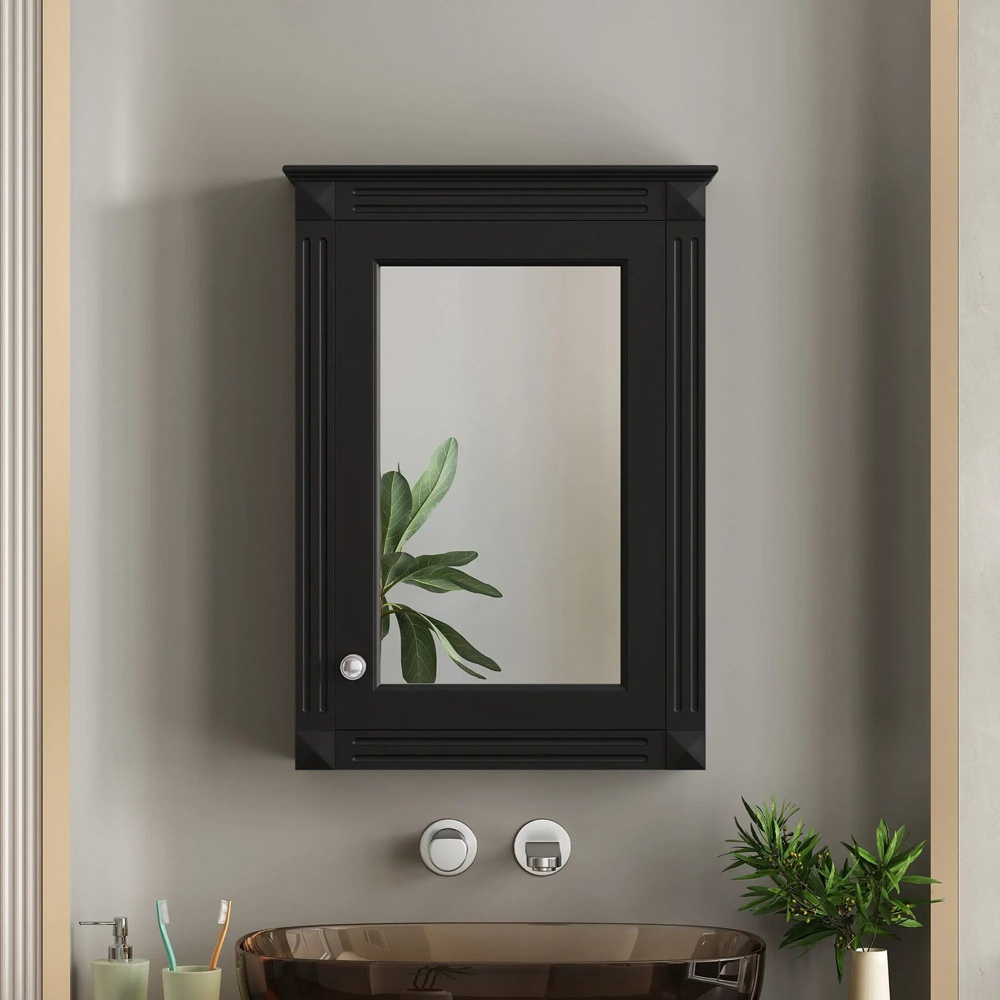 Wall mounted medicine cabinet with mirror in black finish over toilet by Unique Piece Furniture on Tampa Home & Garden Store