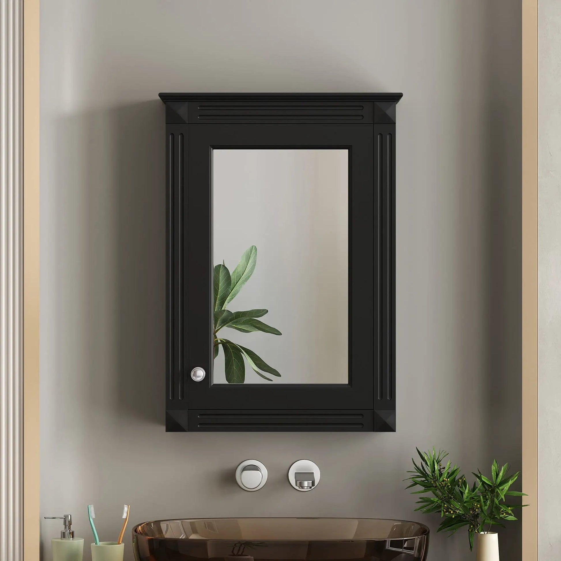 Wall mounted medicine cabinet with mirror in black finish over toilet by Unique Piece Furniture on Tampa Home & Garden Store