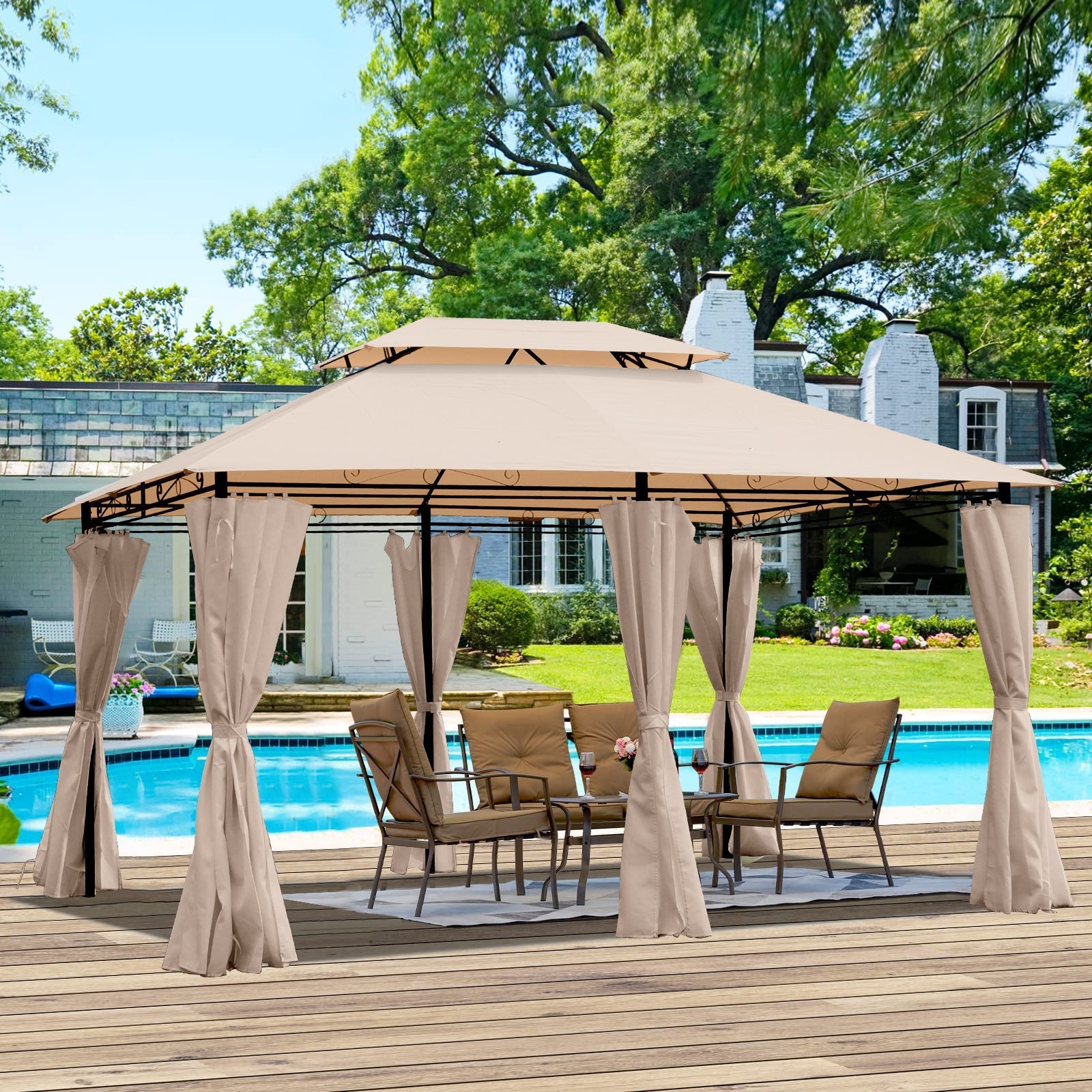 Gazebo canopy in khaki with ventilated double roof over poolside dining area and beige curtains on Tampa Home & Garden Store