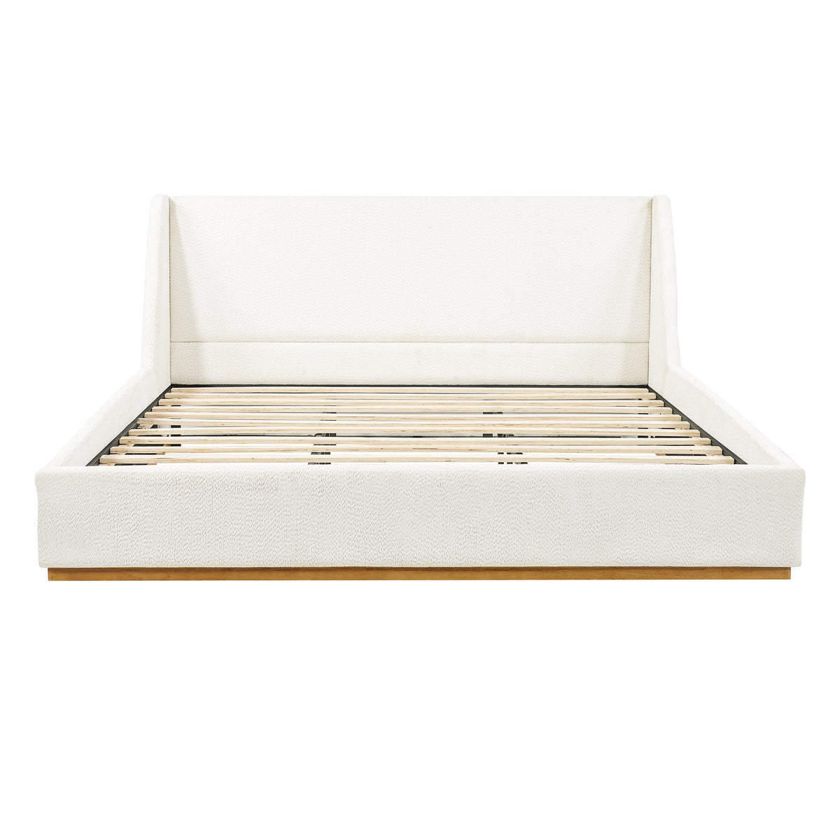 Luxury Upholstered Bed With Wings ivory fabric winged headboard with slatted wood base on Tampa Home & Garden Store