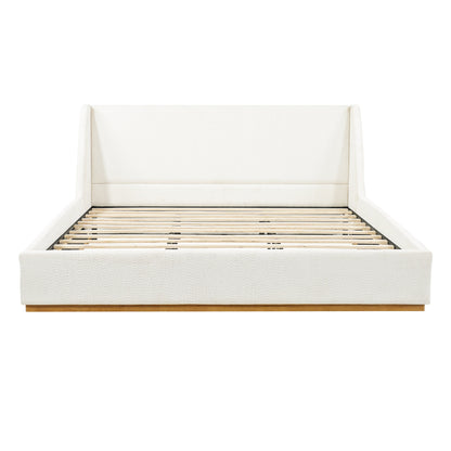 Luxury Upholstered Bed With Wings ivory fabric winged headboard with slatted wood base on Tampa Home & Garden Store