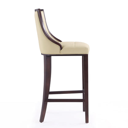 White bar height stool with cream seat upholstery and dark wood frame on Tampa Home & Garden Store