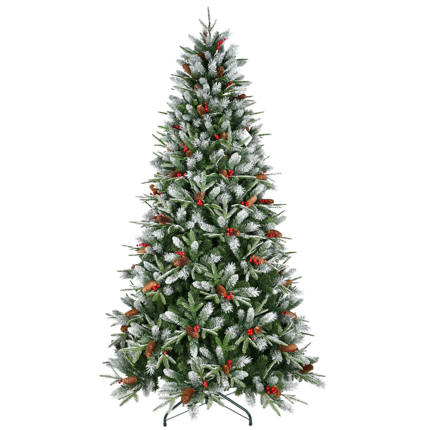 7.5-Foot Snow-Tipped Christmas Tree by HouseOfZazla, pinecones and red berries on stand on Tampa Home & Garden Store