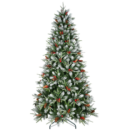 7.5-Foot Snow-Tipped Christmas Tree by HouseOfZazla, pinecones and red berries on stand on Tampa Home & Garden Store