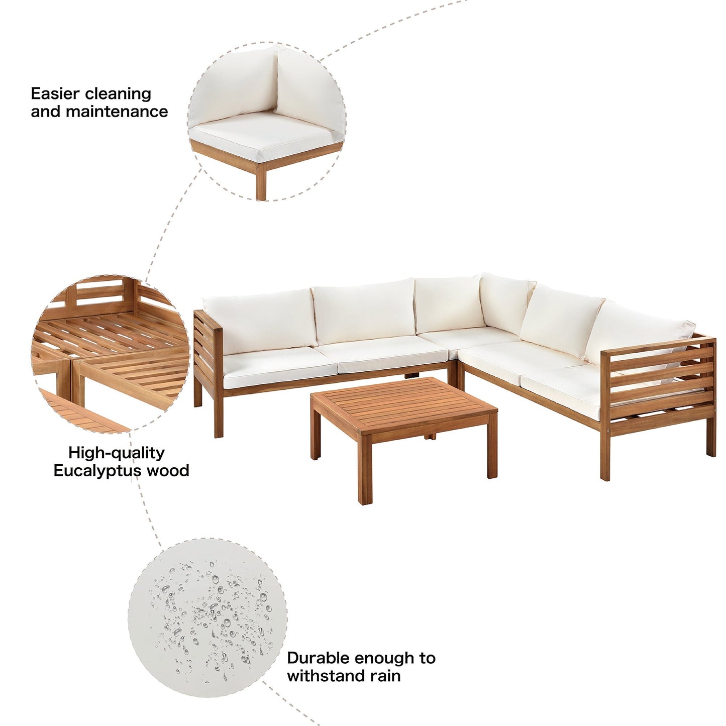 Wood structure outdoor sofa set with beige cushions in eucalyptus wood, L-shaped sectional on Tampa Home & Garden Store
