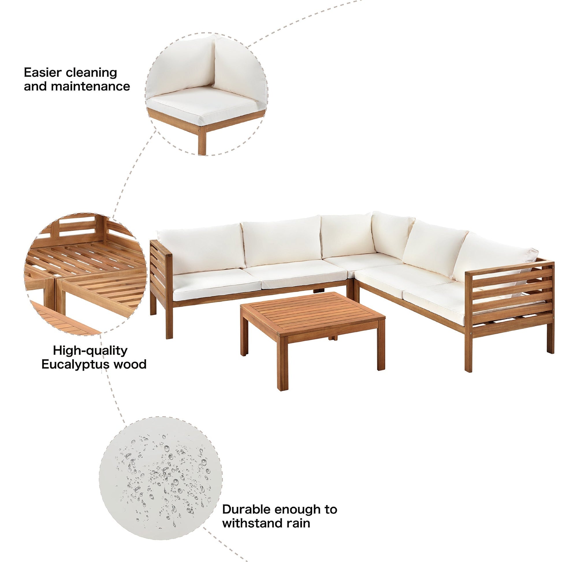 Wood structure outdoor sofa set with beige cushions in eucalyptus wood, L-shaped sectional on Tampa Home & Garden Store