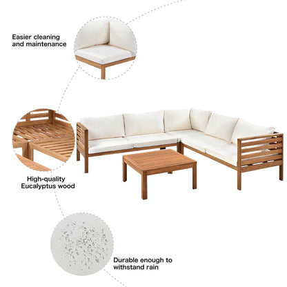 Wood structure outdoor sofa set with beige cushions in eucalyptus wood, L-shaped sectional on Tampa Home & Garden Store