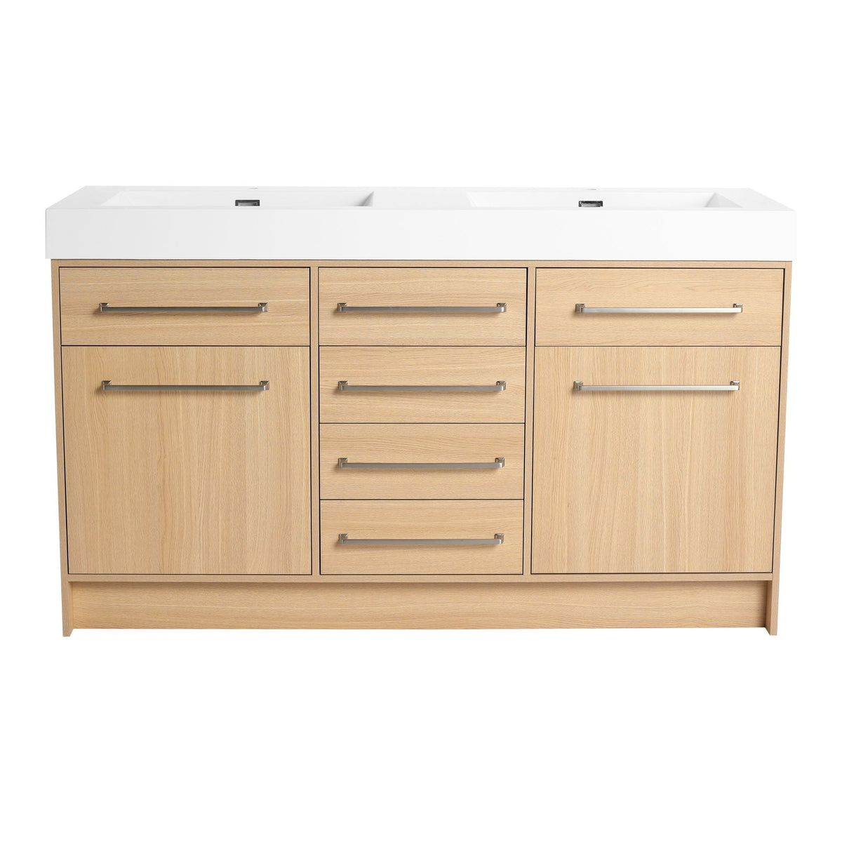 Freestanding bathroom vanity with light oak finish and white resin double sinks on Tampa Home & Garden Store