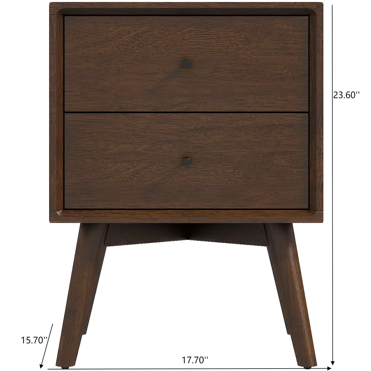 Mid-Century Modern Nightstand with 2 drawers in dark brown wood, round black pulls, tapered legs on Tampa Home & Garden Store