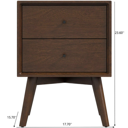 Mid-Century Modern Nightstand with 2 drawers in dark brown wood, round black pulls, tapered legs on Tampa Home & Garden Store