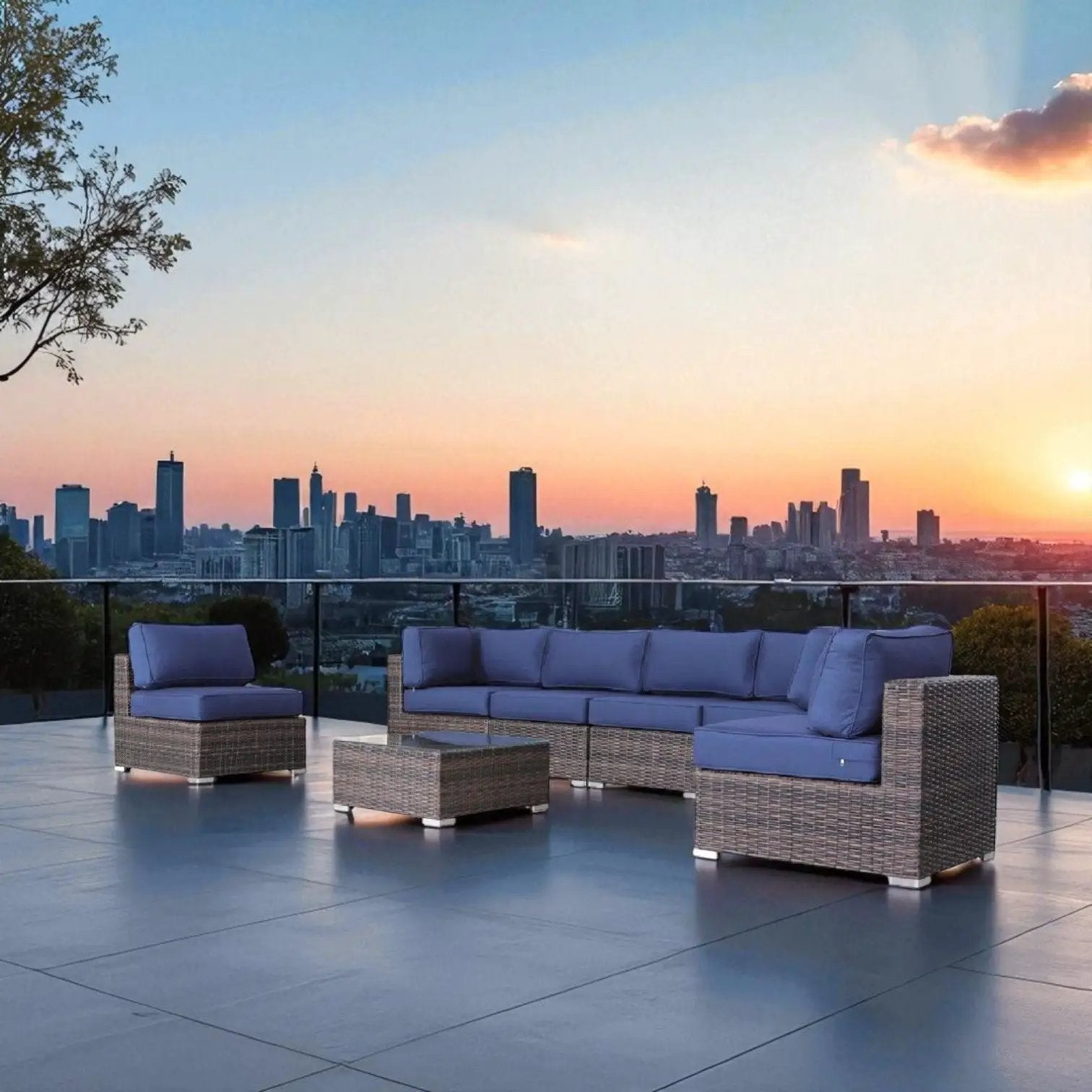 Seating Set With Cushions Wicker Design, 4pc outdoor wicker set with blue cushions on rooftop on Tampa Home & Garden Store