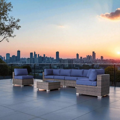Seating Set With Cushions Wicker Design, 4pc outdoor wicker set with blue cushions on rooftop on Tampa Home & Garden Store