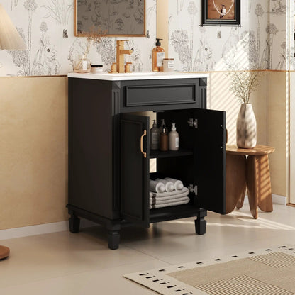 Bathroom vanity with sink in black cabinet, white countertop, gold faucet; 2 soft-close doors on Tampa Home & Garden Store