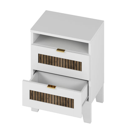 White farmhouse nightstand with storage drawer, open shelf, and wood slat accent, gold pull on Tampa Home & Garden Store