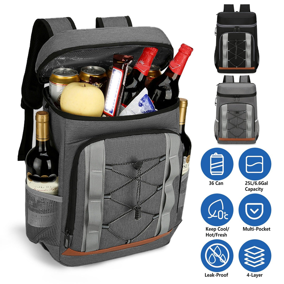 Cooler backpack GemGear, 36-can leakproof insulated, gray with front pockets, 25L capacity on Tampa Home & Garden Store