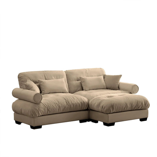 Beige fabric modern sectional sofa with ottoman, round bolster arms and waist pillows 2-piece set on Tampa Home & Garden Store