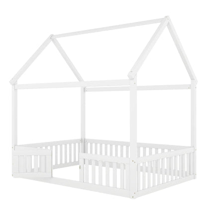 Wood House Bed with Fence and Door Sky Roof
