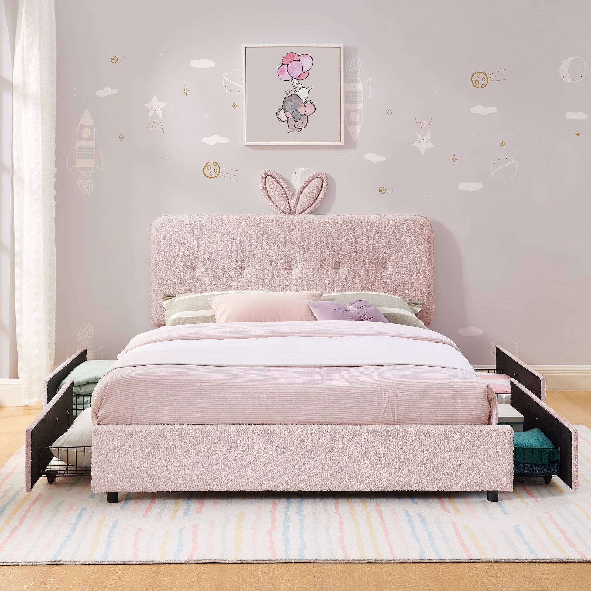 Full Size Kids Upholstered Bed with Oversized Rabbit Ear Headboard in pink boucle HouseOfZazla on Tampa Home & Garden Store