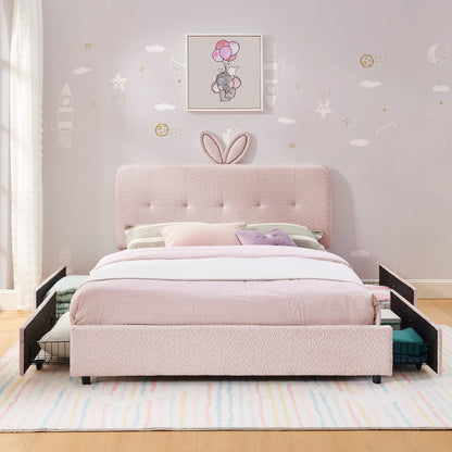 Full Size Kids Upholstered Bed with Oversized Rabbit Ear Headboard in pink boucle HouseOfZazla on Tampa Home & Garden Store