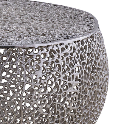 Round coffee table with aluminum frame in silver and a perforated lattice base on Tampa Home & Garden Store