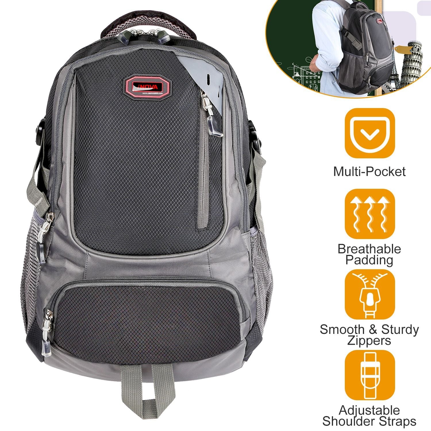 GemGear unisex school backpack with gray diamond-pattern front and multiple zip pockets on Tampa Home & Garden Store