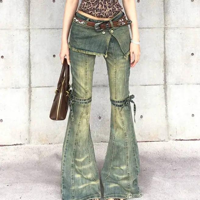 Womens distressed lace-up green denim jeans with flared bell-bottoms by FLIPSTYLEZLLC on Tampa Home & Garden Store