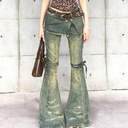Womens distressed lace-up green denim jeans with flared bell-bottoms by FLIPSTYLEZLLC on Tampa Home & Garden Store