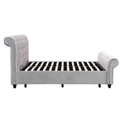 Hartfried queen size upholstered storage bed beige fabric with tufted headboard and slat base on Tampa Home & Garden Store