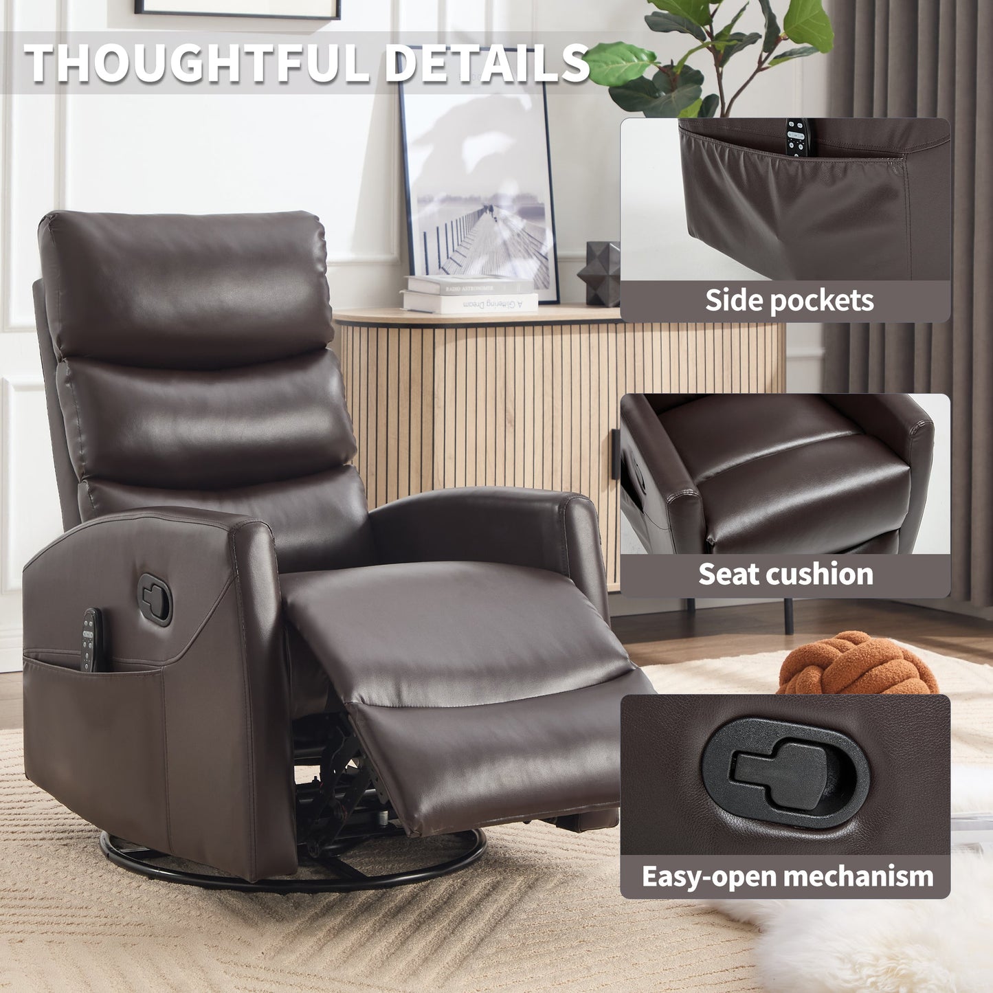Heat Massage Manual Recliner Chair by HouseOfZazla in brown leather with side pockets on Tampa Home & Garden Store