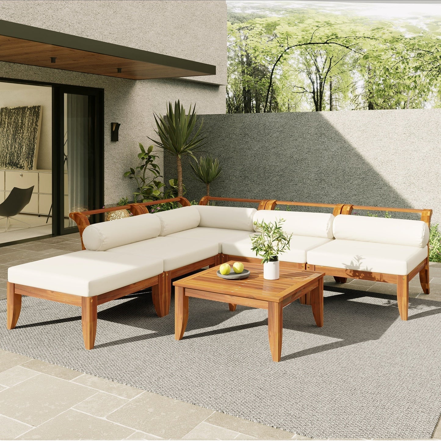 Acacia Wood Outdoor Modular Sectional Daybed Tea Table by HouseOfZazla with white cushions on Tampa Home & Garden Store