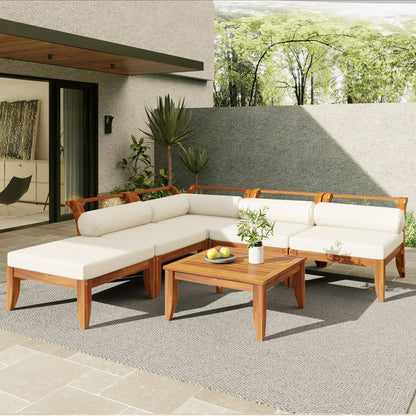 Acacia Wood Outdoor Modular Sectional Daybed Tea Table by HouseOfZazla with white cushions on Tampa Home & Garden Store