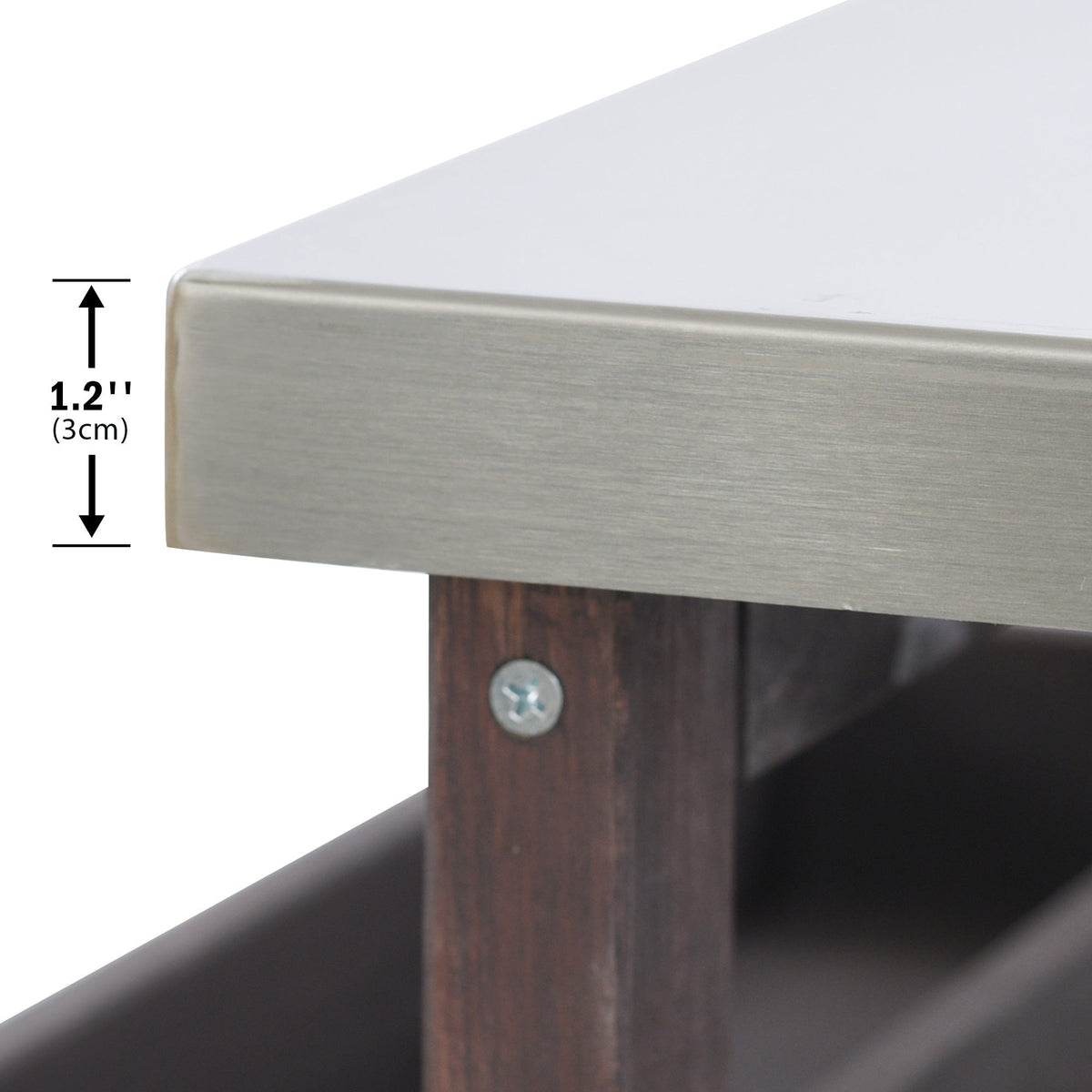 K&K Outdoor Kitchen Island close-up with brushed stainless top and dark wood base on Tampa Home & Garden Store