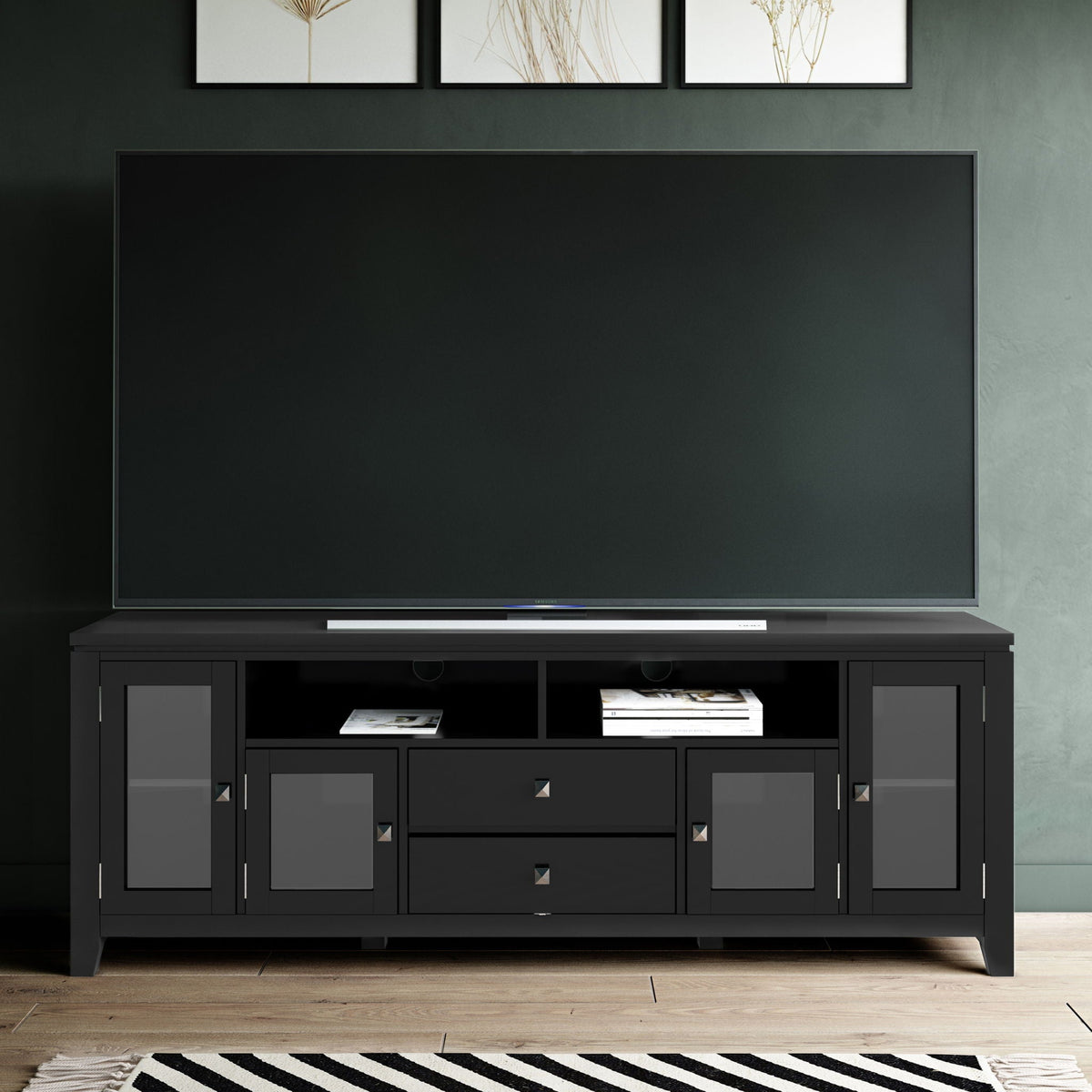 Wide handcrafted solid wood media stand with black finish and glass doors by HouseOfZazla on Tampa Home & Garden Store