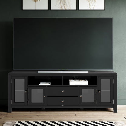 Wide handcrafted solid wood media stand with black finish and glass doors by HouseOfZazla on Tampa Home & Garden Store