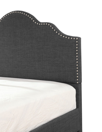Kopa Upholstered Bed with charcoal curved silhouette and nailhead trim HouseOfZazla on Tampa Home & Garden Store