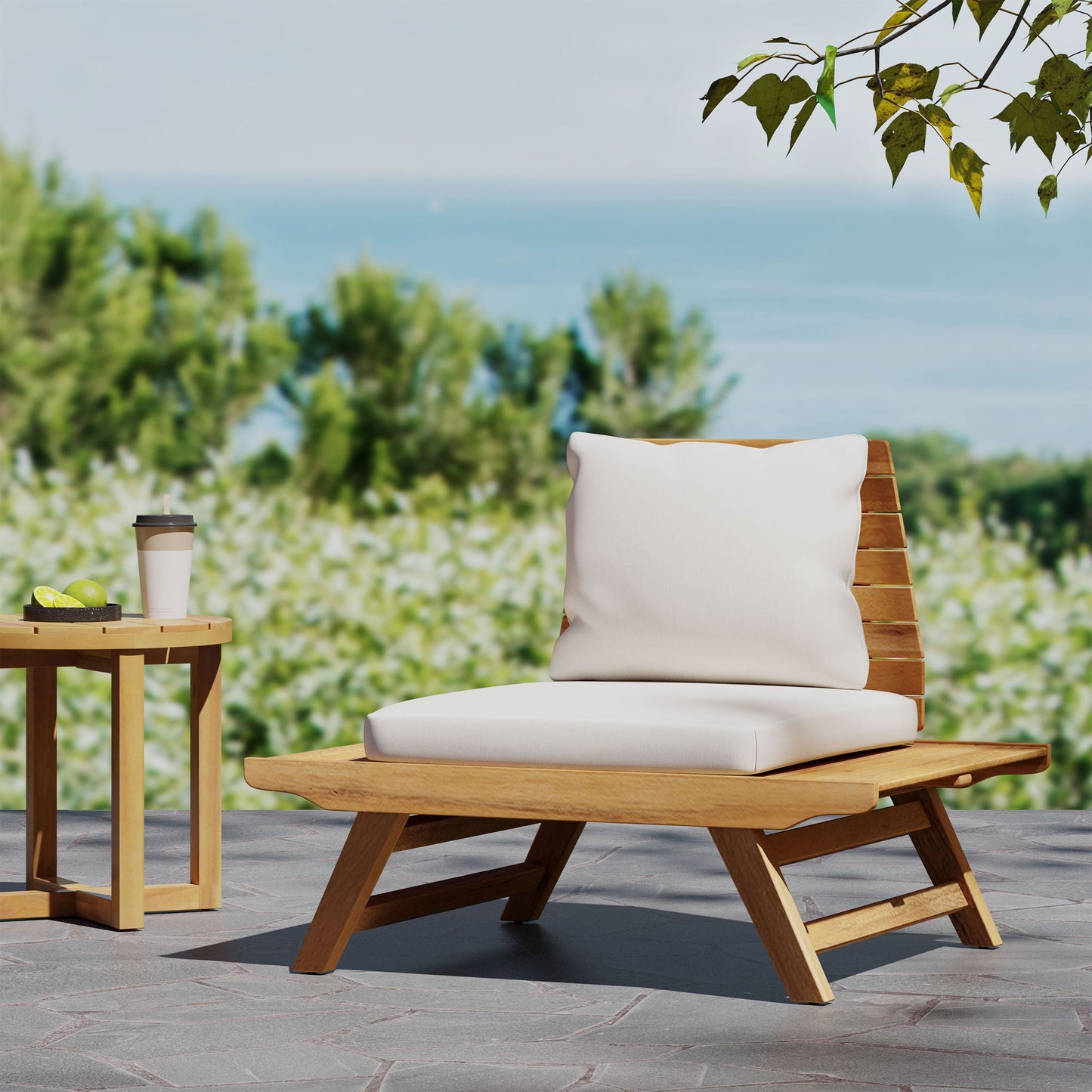 Sedona Outdoor Club Chair with slatted wooden frame and beige cushion by HouseOfZazla on Tampa Home & Garden Store
