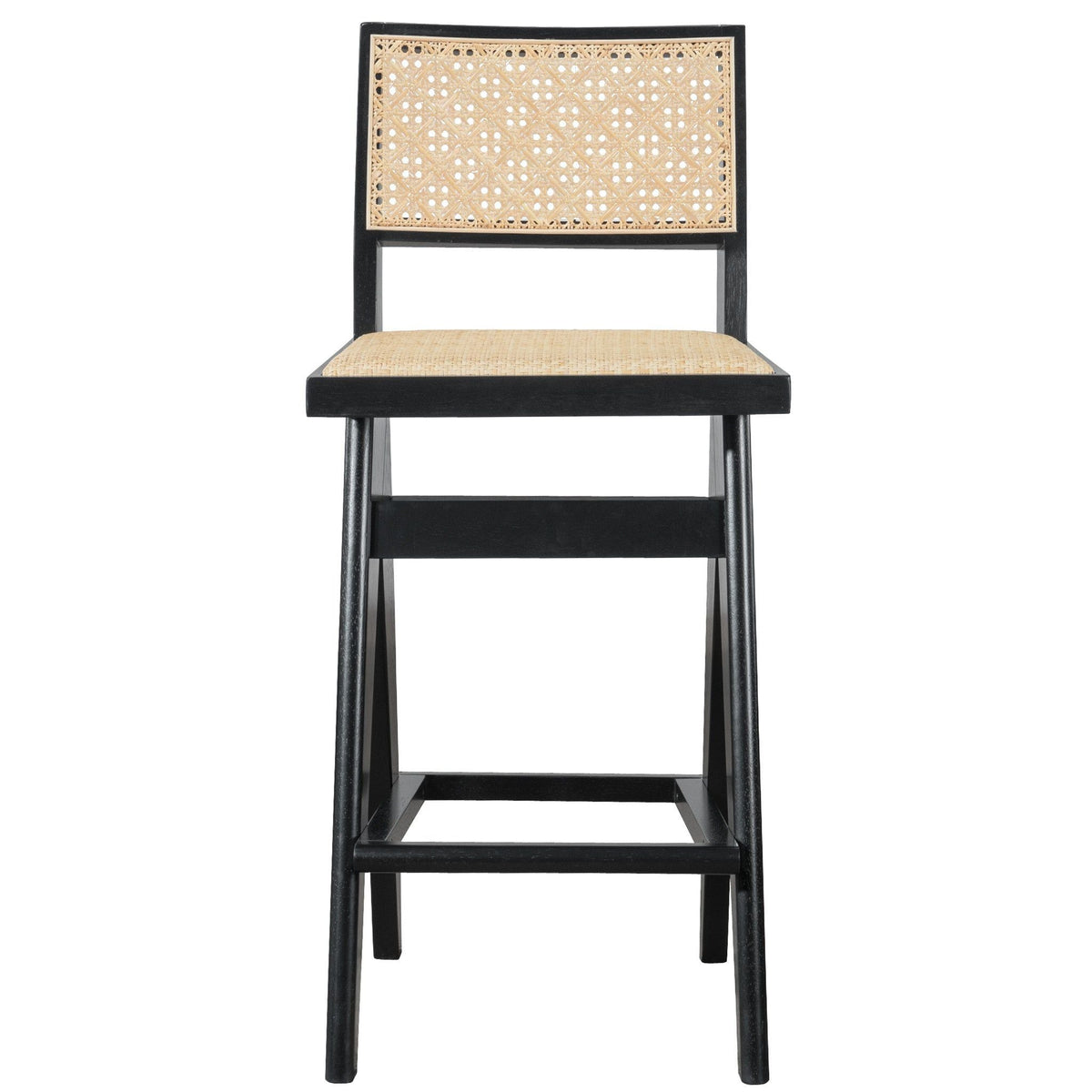 Bar stools set of 2 with black wood frame and beige woven rattan back, full back support on Tampa Home & Garden Store