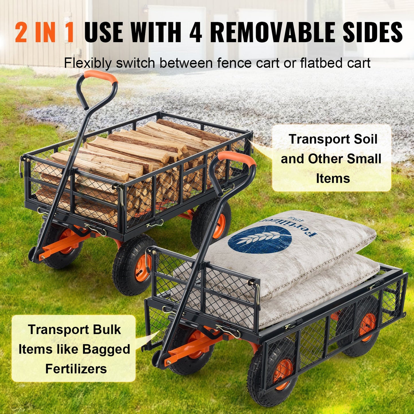 Metal garden dump cart with removable sides, black frame, orange wheels, 2 carts shown HouseOfZazla on Tampa Home & Garden Store