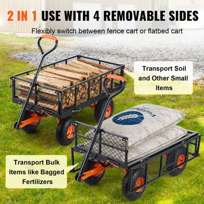 Metal garden dump cart with removable sides, black frame, orange wheels, 2 carts shown HouseOfZazla on Tampa Home & Garden Store