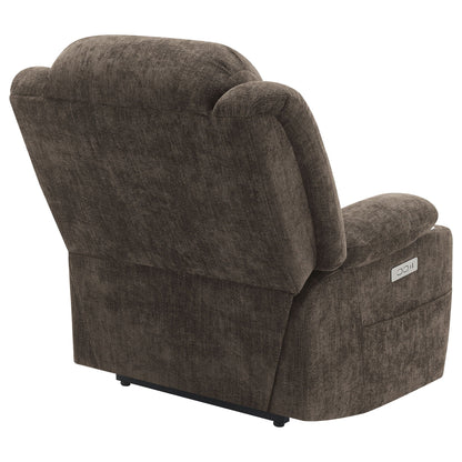 Beca upholstered power lift recliner in brown textured fabric with built-in cupholders and USB charging HouseOfZazla on Tampa Home & Garden Store