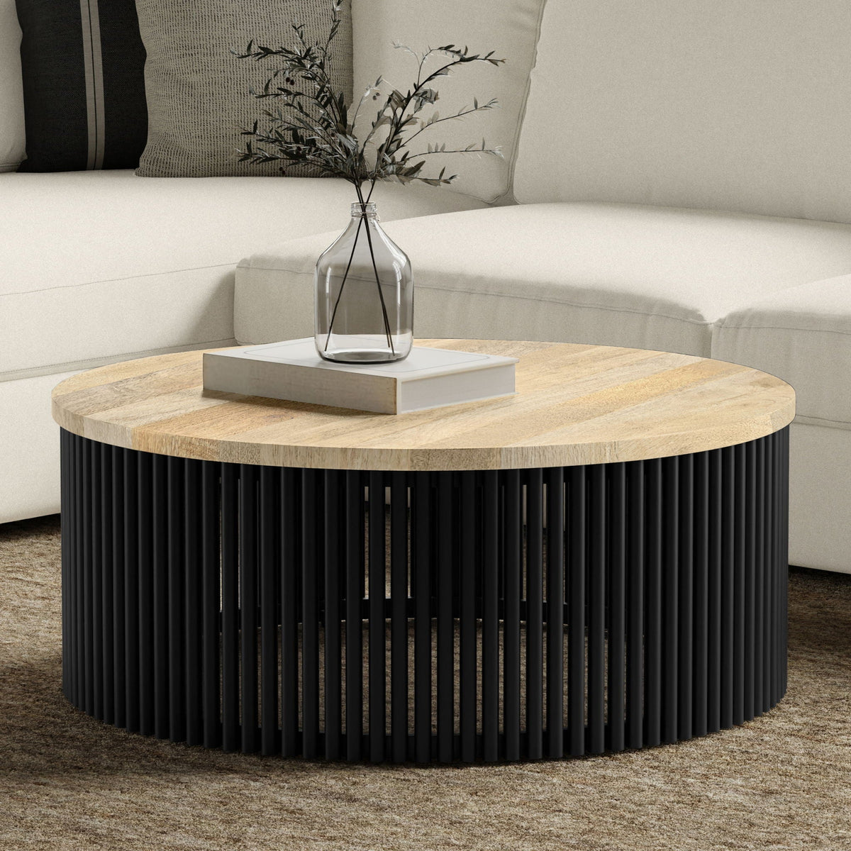 Demy Side Table round wood top with white inset tray and black slatted base, glass vase with branches on Tampa Home & Garden Store