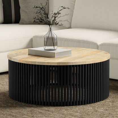 Demy Side Table round wood top with white inset tray and black slatted base, glass vase with branches on Tampa Home & Garden Store