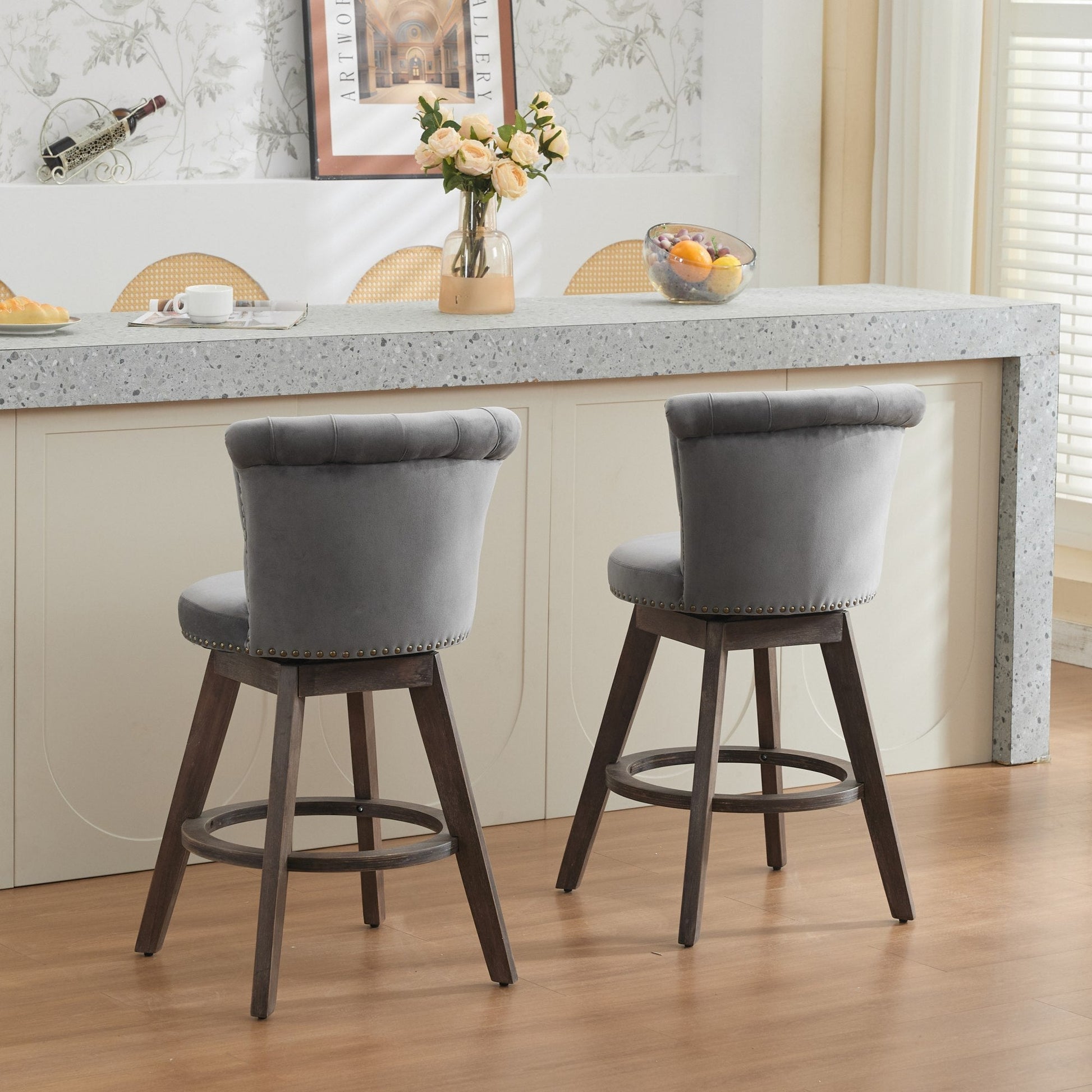 Counter height bar stools set of 2 with 360° swivel, grey velvet upholstery, dark wood legs on Tampa Home & Garden Store