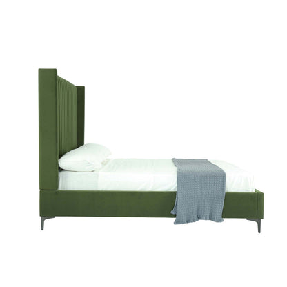 Promenade bed with green upholstered headboard and slats, white bedding, grey throw on Tampa Home & Garden Store
