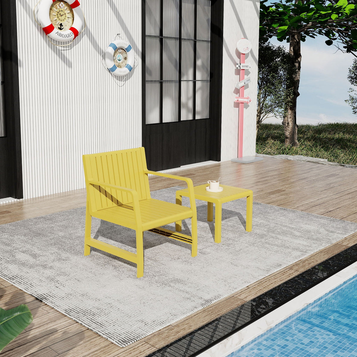 Waterproof two piece patio set by HouseOfZazla with yellow chairs and table on deck on Tampa Home & Garden Store